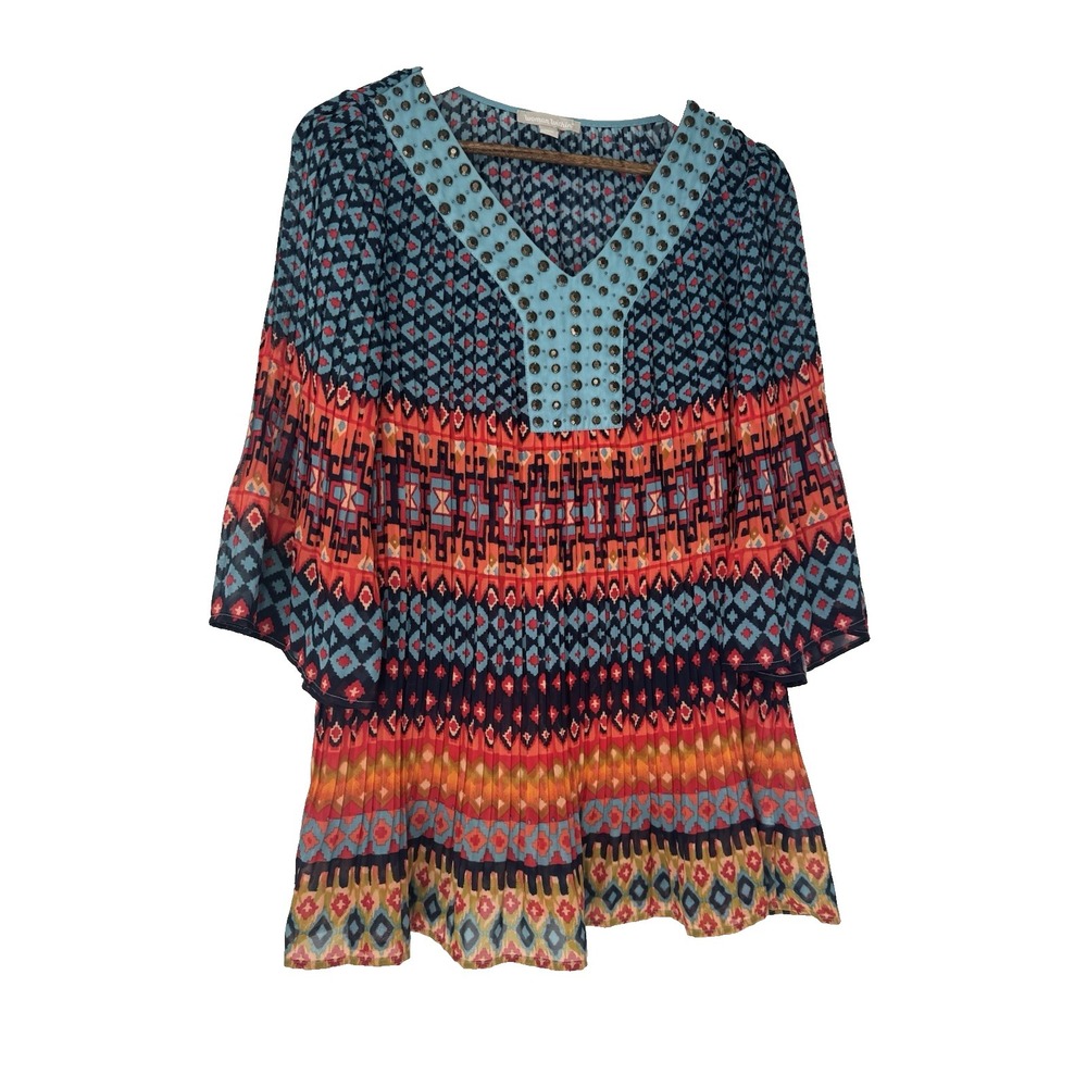Woman Within Accordion Pleated Studded Bell Sleeve Aztec Multi Tunic 18/20 Sheer